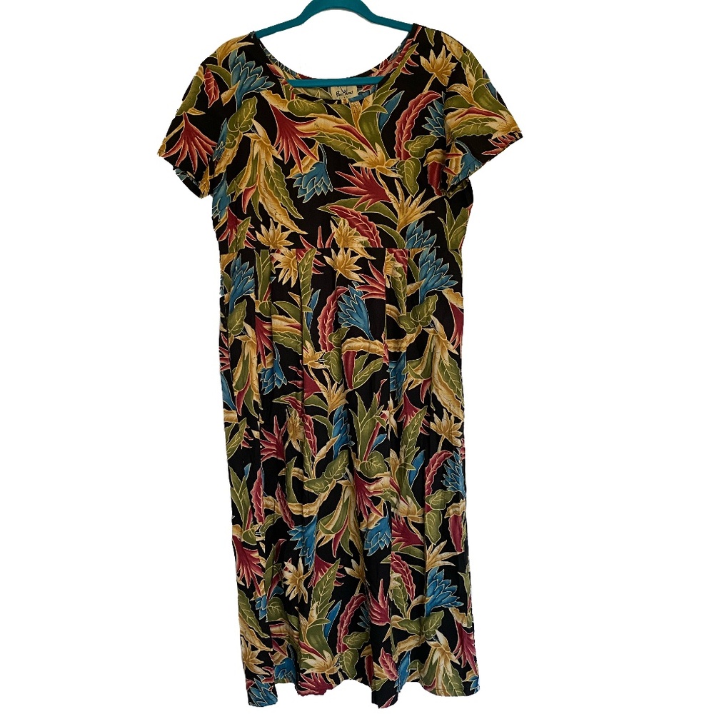 PAU HANA HAWAII Vintage Tropical Floral Midi Shift Dress USA Made Size M